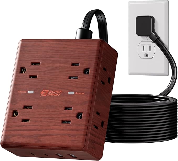 Brown Extension Cord 10Ft, Flat Plug Power Strip Surge Protector, 8 Outlet 4 USB Ports (2 USB C), Wall Mountable, Decorative Wood Charging Station for Home Office Desk Accessories —Walnut Wood