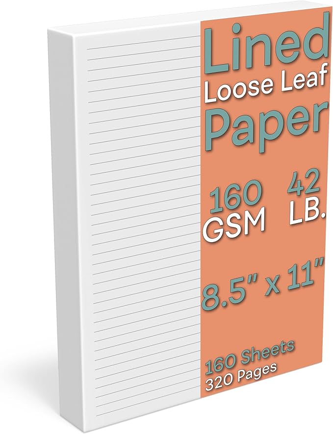 Lined Loose Leaf Paper, 160 GSM Thickness, 160 Sheets/320 Pages, Letter Size (8.5 x 11 inch), 7 mm College-Ruled Spacing, Note-Taking, Calligraphy, Binder Filling, Journaling, White, Unpunched Refill