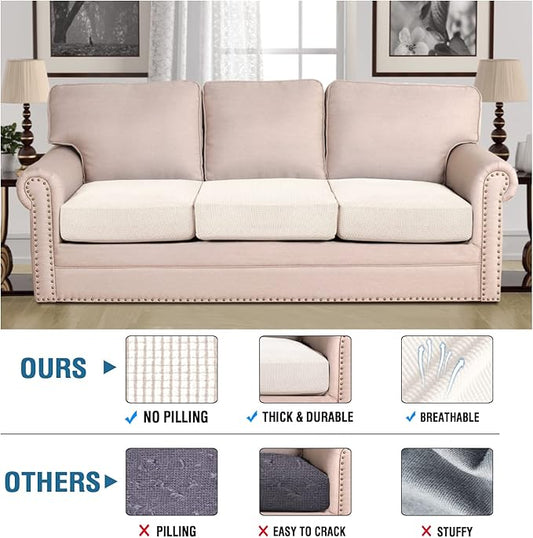 H.VERSAILTEX Super Stretch Couch Cushion Covers Sofa Cushion Slipcovers Jacquard Fabric Individual Seat Couch Slipcover Sets for Pets with Elastic Bottom(3 Packs Cushion Sofa Covers, Ivory)