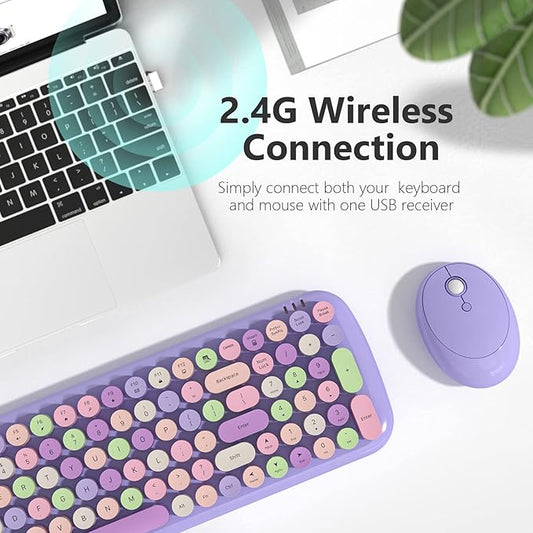 MOFII Wireless Keyboard and Mouse, Typewriter Full Size Keyboard with Number Pad and 2 in 1 USB Connected Mouse for Mac, Windows 7/8/10, Laptop, Desktop, PC, Computer (Purple Colorful)
