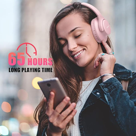 KVIDIO Bluetooth Headphones Over Ear, 65 Hours Playtime Wireless Headphones with Microphone, Foldable Lightweight Headset with Bass and Stereo Sound Low Latency for Travel Work Cellphone