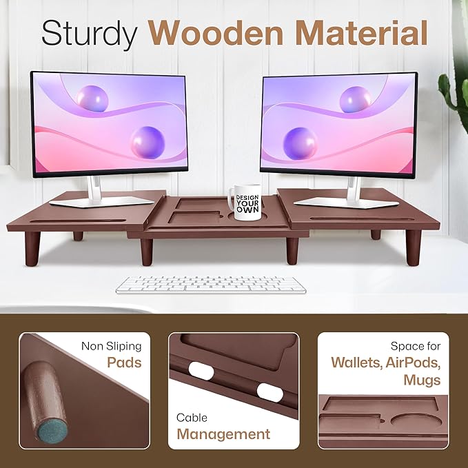 Dual Monitor Stand Riser - Solid Wood 3 Panels Laptop Riser with Storage for Phone/Mug - Home/Office Desk Organizer with Adjustable Length & Angle - Modern Computer Stand for PC, Laptop, & more (Brown)