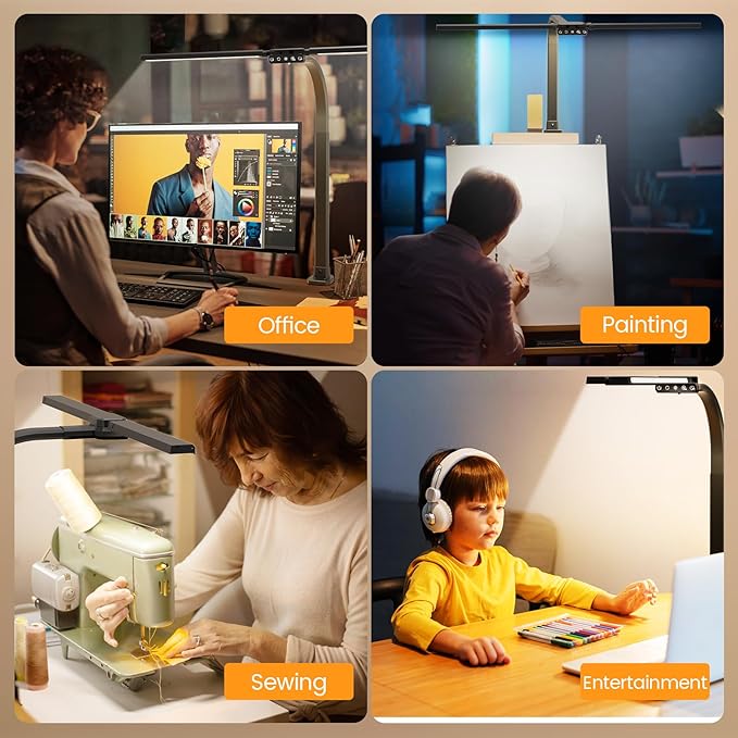 LED Desk Lamp for Home Office - Remote Control Desk Light Computer Lamp with clamp, 22W, Dimmable, Color Changing, Touch Control, Height Adjustable, Black Table Task Light Bar for Work