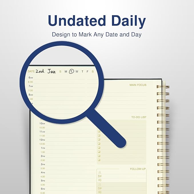 Undated Daily Planner To Do List Hourly Schedule 2027 2026 2025 Calendar & Holiday Habit Tracker 180 Pages Letter Size 8.5" x 11" Sheets Hardcover Spiral Bound Notebook (Black)