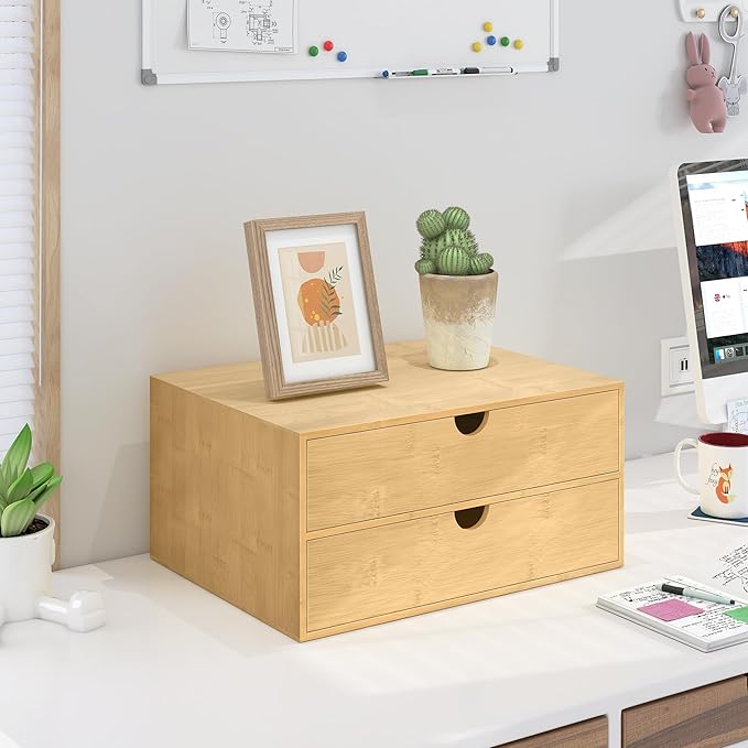 Wisuce Bamboo Desk Drawer Organizer, Large Desktop Organizer with Drawers Tabletop Storage Organization Box for Office Home Toiletries Supplies Vanity, No Assembly Required (2 Drawer)