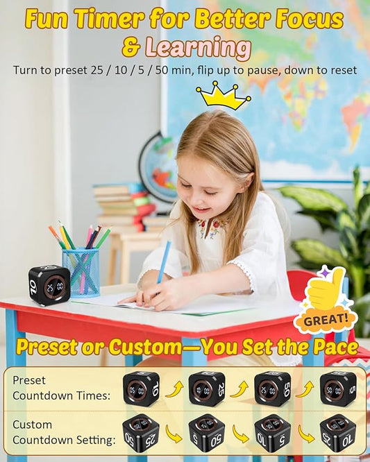 Pomodoro Timer Cube Visual Productivity Flip Timer for Kids Classroom Desk, 5/10/25/50min& Custom Countdown, Silent&Sound Mode Digital Cube for ADHD Study Work School Game Kitchen (Black)