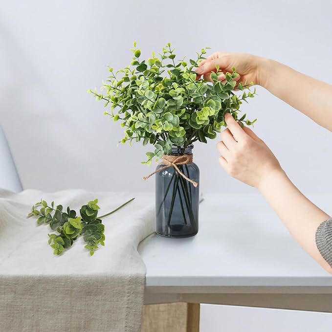 Leftover 8 PCS Faux Eucalyptus Stems in Black Glass Vase,Fake Plants Greenery Stems for Centerpiece Table Decorations,Fake Plants for Black Bathroom Decor(Sage Green)
