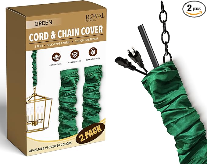 RDI Cord & Chain Cover 4 feet Silk Type Fabric, Chandelier Pendant Lighting Chain & Cable Management, Touch Fastener, Green - 2 Pack