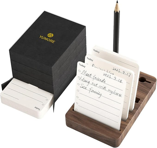 YUMORE TO DO List Planner Wood, Undated Daily Planner with Walnut Stand, Productivity Plan ner with 160 Checklist Cards for Work for Office