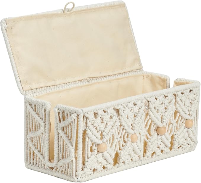 Cable Management Box Handmade Macrame Cord Storage Organizer Power Strips Outlet Router Adapter TV Wire Hider Cover Under Desk Natural Cotton Rope Woven Boxes with Lid (Off White, Medium)