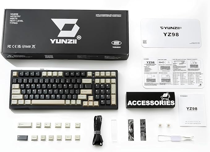 YUNZII YZ98 Gasket Mechanical Keyboard,99 Key Hot Swappable BT5.0/2.4G/USB-C Wireless NKRO 98% 1800 Layout with RGB LED Backlit for Linux/Win/Mac(Black, Cocoa Cream V2 Switch)