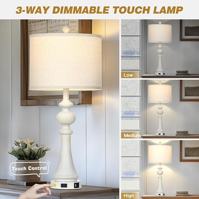 28" Farmhouse Table Lamp with USB A+C Fast Ports & AC Outlets, Vintage Rustic 3-Way Dimmable Touch Control Table Lamp, Rustic Traditional Bedside Nightstand Lamp for Living Room Bedroom White