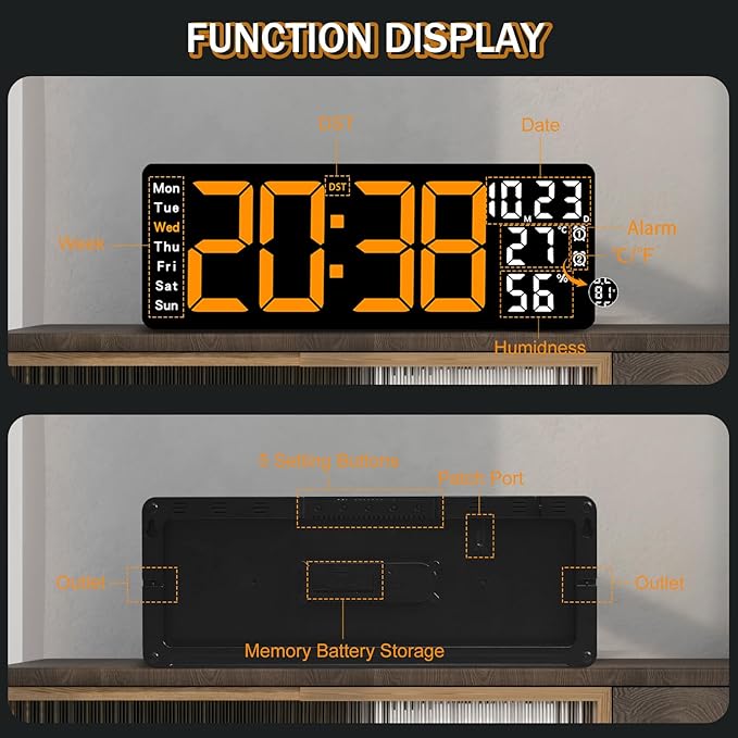 JoFomp 17.3" Large Digital Wall Clock, LED Digital Clock Large Display with Remote Control, Alarm Clock with Temp/DST/Dimmer/Humidity/Timer/Ambient Light - 12/24H, Alarm Wall Clock for Bedroom