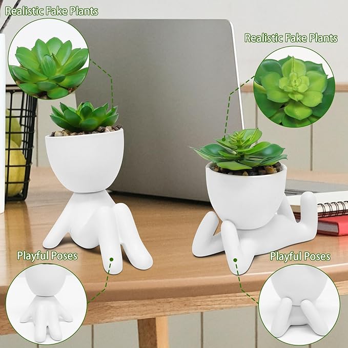 Zerzsy 2 PCS Small Fake Plants with Human-Shaped Pots Funny Room Decor Faux Plants Cute Desk Decor Fake Succulents Mini Plant Bathroom Decorations (Ceramic White)