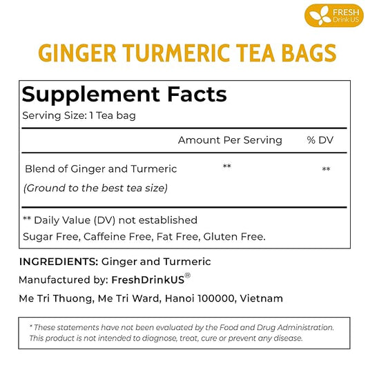 FreshDrinkUS, Premium 85 Ginger Turmeric Tea Bags, 100% Natural Ingredients, Hand-made Blend of Ginger and Turmeric Herbal Tea, Eco-conscious Tea Bags. No Sugar, No Caffeine, No Gluten, Vegan.