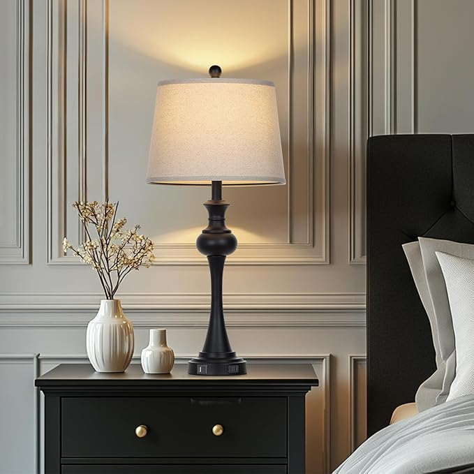 28.75'' Modern Black Metal Table Lamps Living Room Lamp for Nightstand Bedside End Lamp Home Decor Touch Lamp Modern Lamps with USB A+C Ports & Outlets (Bulb Included)