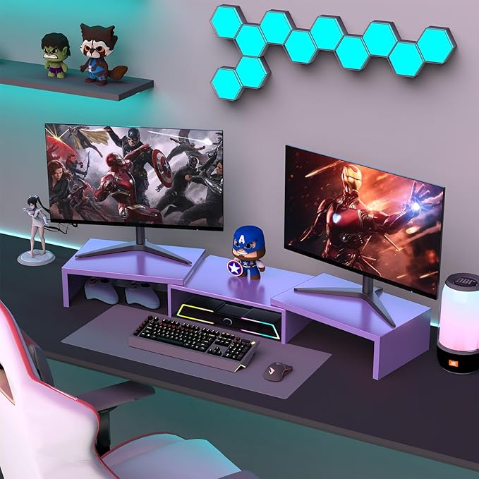 Dual Monitor Stand for Desk, Metal Monitor Riser, Purple Office Supplies Desk Accessories (Purple)