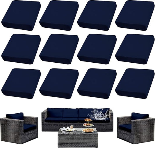 12Pcs Patio Cushion Covers Waterproof, Cushion Covers, Stretch Outdoor Couch Covers, Patio Couch Slipcovers, Patio Cushion Covers Replacement, Outdoor Chair Cushion Covers (Navy Blue)