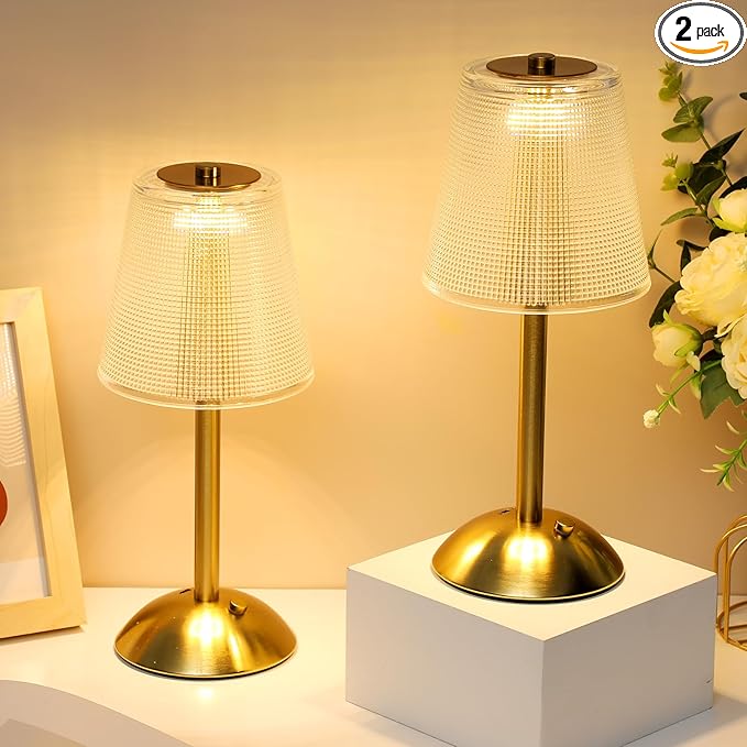 Liliful 2 Pcs LED Portable Cordless Table Lamp Touch Battery Operated Rechargeable Desk Lamp 3 Color Dimmable for Bedroom Living Room Dining (Retro Style,Gold)