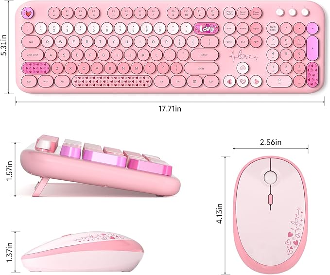 KNOWSQT Wireless Keyboard and Mouse Combo - Lovely Pink Rainbow Full-Sized Typewriter Colorful Keyboards, Round Keycap USB Plug Play Retro Cute Keyboards for Windows, Laptop, PC, Desktop, Computer