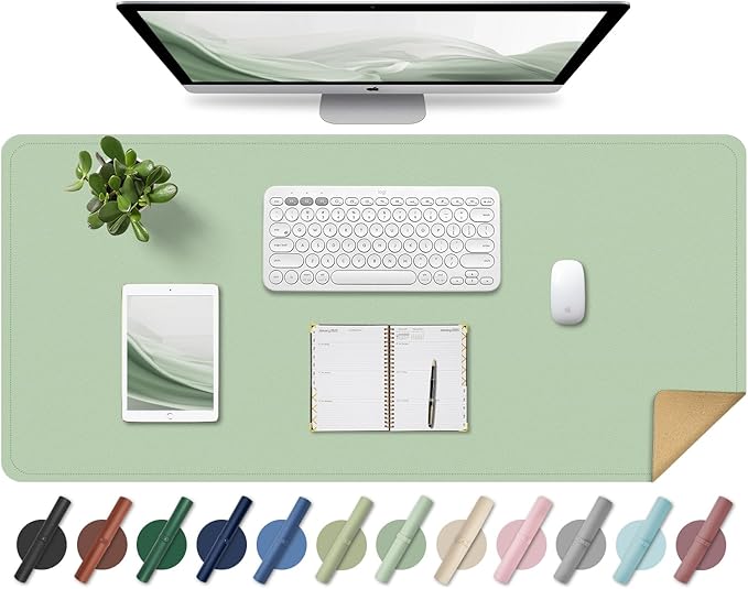Non Slip Desk Mat, 31.5" x 15.7" PU Leather Desk Pad, Cork Desk Mat for Desktop, Desk Pad for Keyboard and Mouse, Ideal for Office and Home, Light Green