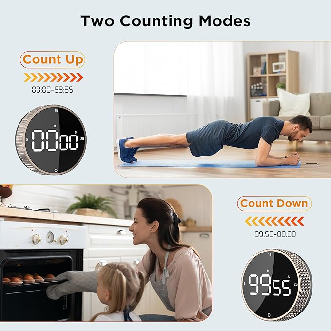 Upgrade Digital Kitchen Timer - Magnetic Countdown Countup Visual Pomodoro Timer with Large LED Display, 3-Preset Times (5, 15, 25), 3 Volume Levels, Ideal for Cooking, Baking and Fitness (1, Tarnish)