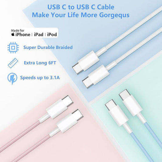 Fast Charging for iPhone 17 16 Pro Max Charger Colorful, 3Pack 20W USB C Fast Charger Block with 3Pack 6ft Long USB C Charging Braided Cable for iPhone 17/Air/16e/16/15 Pro, Airpods Pro, iPad Pro Air