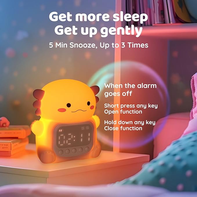 Axolotl Alarm Clock with Night Light for Kids, Rechargeable Silicone Lamp Time to Wake Clock,Cute Animal Tabletop Lamp, Perfect Sleep Companion for Boys Girls