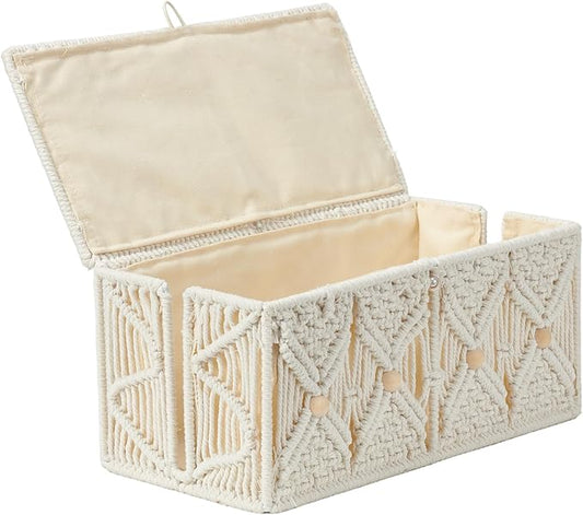 Cable Management Box Handmade Macrame Cord Storage Organizer Power Strips Outlet Router Adapter TV Wire Hider Cover Under Desk Natural Cotton Rope Woven Boxes with Lid (Off White, Large)