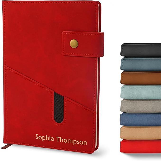 Promot Personalized Notebook - A5 Lined Leather Bound Journal for Writing Women Men - Hardcover Executive Notebook, Daily Journal, Travel Diary, Gift Idea, Custom Embossed Text with Gold Metallic Foil