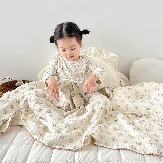 BuLuTu Large Cotton Muslin Kids Toddler Throw Blanket - 47''x51'' Reversible Lightweight Azalea Little Flower Thin Summer Quilt Baby Quilt for Crib Bed,Stroller,Travel,White