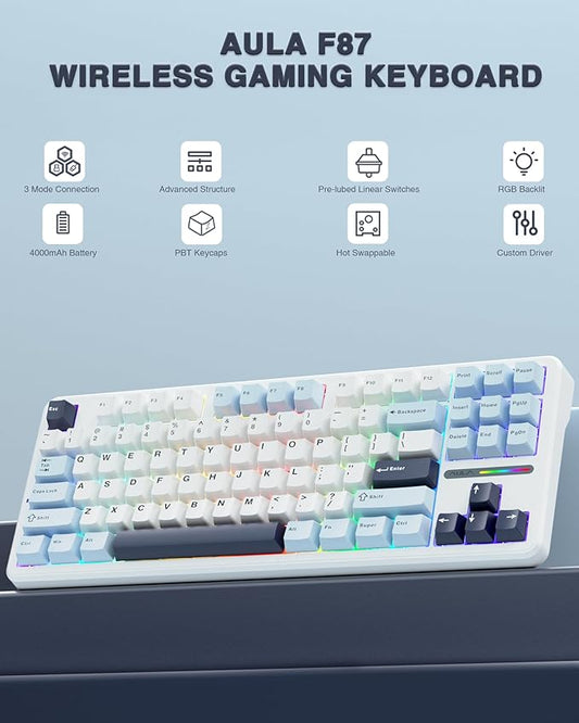 AULA F87 Wireless Mechanical Keyboard, 75% TKL Custom Hot Swappable Gaming Keyboards with PBT Keycaps, Pre-lubed Greywood Switches, RGB Backlit Creamy Keyboard, 2.4GHz/USB-C/BT5.0