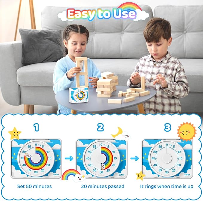 VOCOO Kids Visual Timer for Classroom - 60-Minute Countdown for Kitchen Cooking Office, Strong Magnet, Silent Time Management Tool, 2 AAA Batteries Included, Cute Rainbow Pattern (White)
