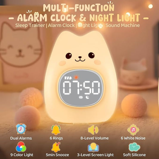 Cat Alarm Clock with Night Light for Kids with Sleep Training and Sound Machine, Rechargeable Silicone Lamp OK to Wake Clock,Cute Animal Tabletop Lamp, Perfect Sleep Companion for Boys Girls
