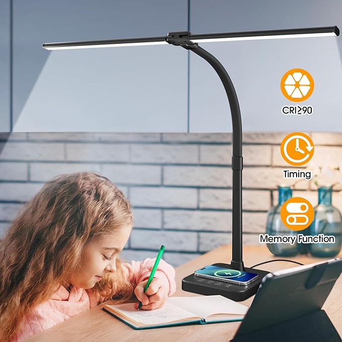 ShineTech LED Desk Lamp for Home Office, 24W Double Head Desk Light with Wireless Charging, USB Port, 25 Lighting Modes Adjustable Gooseneck Lamps