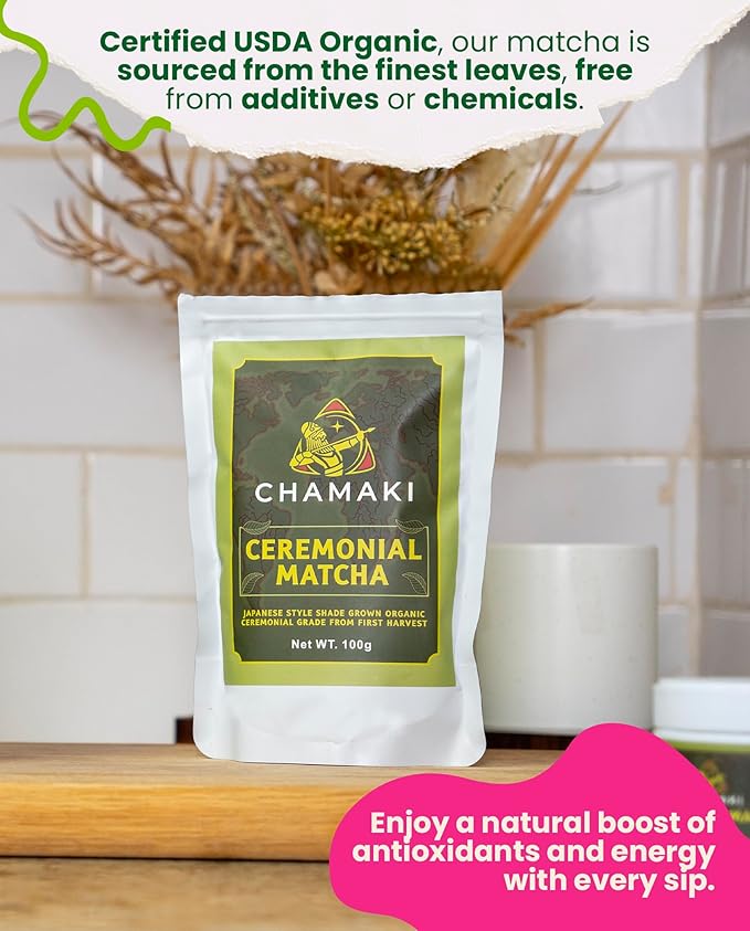 Chamaki Ceremonial Matcha Powder-First Harvest Japanese Style -Shade Grown Organic Premium Grade 3.53oz/100g Bag Ready for baking and Latte Authentic Japanese Style Matcha green tea Powder (100g)