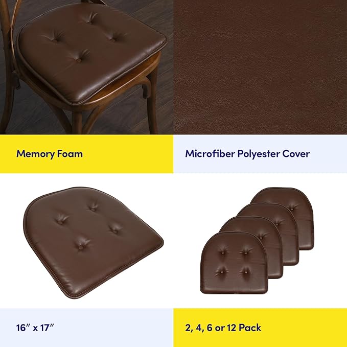 Sweet Home Collection Chair Cushion Memory Foam Pads Tufted Slip Non Skid Rubber Back U-Shaped 17" x 16" Seat Cover, 6 Pack, Faux Leather Chocolate Brown