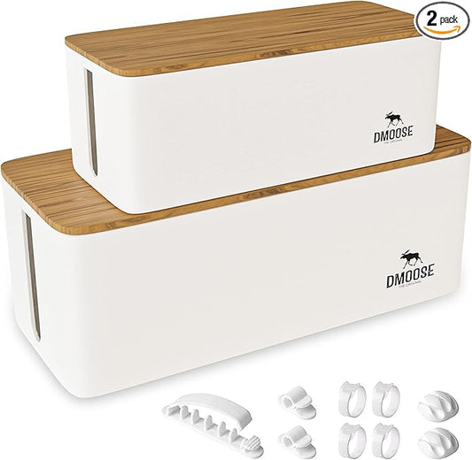 DMoose Cable Management Box - 2 Pack Medium & Large Cord Organizer for Desk & Floor, Cable Organizer Box for Child & Pet - Cable Box Hider for Tidy Office & Home (Wood Print Lid, White Box, Pack of 2)