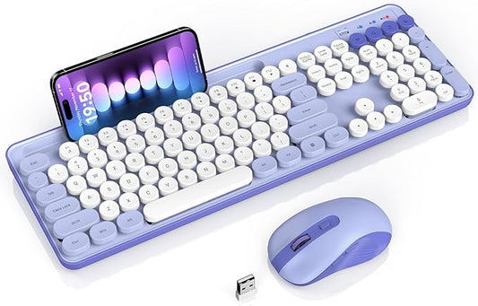 Wireless Keyboard and Mouse Combo, Retro Round Keycap Typewriter Keyboard with Phone/Tablet Holder, Cute Colorful Keyboard for Computer/Laptop/Windows by SABLUTE (Purple)