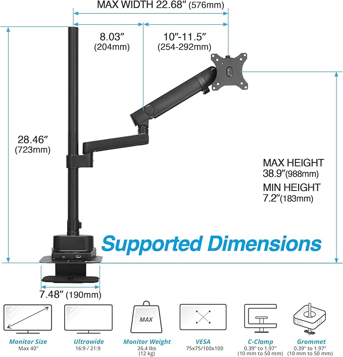 AVLT Single 40 Inch Monitor Arm Pole Top Mount With USB-C USB-A Ports-Black, Supports 26.4 lbs (12kg), Ultrawide screen fit, VESA Compatible, Tilt, Swivel, Rotate, Ergonomic adjustable height, Durable