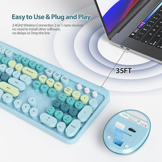 Fogruaden Blue Keyboard and Mouse Wireless, Retro Typewriter Keyboard, 2.4GHz 104 Keys Full Size Cute Keyboard with Number Pad, Blue Colorful Keyboard with Retro Round Keycaps for Windows PC Laptop