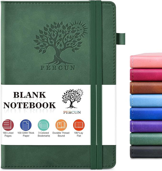 PERCUN Blank Journal Ntebook for Men & Women, 160 Pages Blank Journals for Writing, Drawing,Sketch Book,5.9" x 8.5" Leather Sketchbook, Unlined Notebook for Work, School, Art - Green