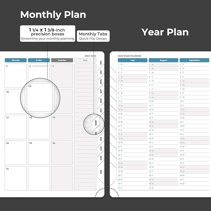 Weekly Monthly 2025-2026 Planner (July 25-Dec 26),8.5"x6.5",18 Months Agenda Plan with Month Tabs & Pocket,Expenses/Note Pages, Academic Calendar with Vegan Leather Cover,Black