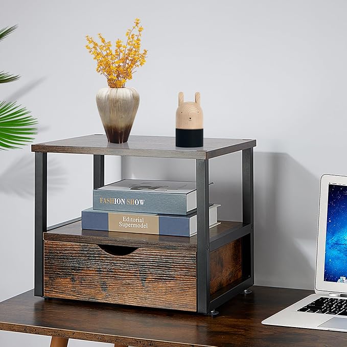2 Tier Desktop Printer Stand,Printer Stand with Drawers,Printer Shelf for Top of Desk ,Multi-Purpose Desk Organizer for Home Office, Fit Fax Machine, Scanner,Rustic Brown