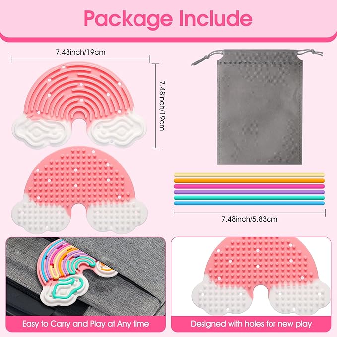 Fidget Toys Sensory Activity Board, Silicone Sensory Toys for Stress Anxiety Autistic ADHD Calming, Kids 3+ & Adults, Travel Bag & 12 Strings, Rainbow (Pink)