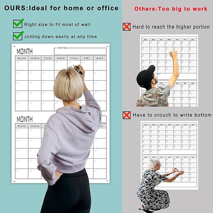 2 Month Dry Erase Calendar For Wall,24"x36" Large 60 Day Erasable & Reusable Wall Planner,Giant Laminated Scheduling Poster,Big Undated Month Planning Whiteboards For Home,Medium Office,School