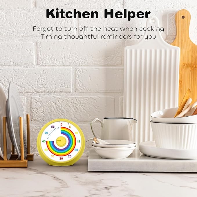 Visual Timer for Kids, 60-Minute Countdown Timer for Classroom Office Kitchen, Desk Timer Kids Time Management Tools with Silent Operation, Pomodoro Time Rainbow Pattern (Yellow)