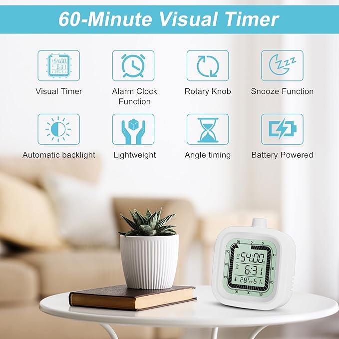 Visual Timer for Kids Kitchen Timer Alarm Clock Countdown Count-up 60 Minutes Shower Room Clock Training Manager time with Digital Thermometer Hygrometer White