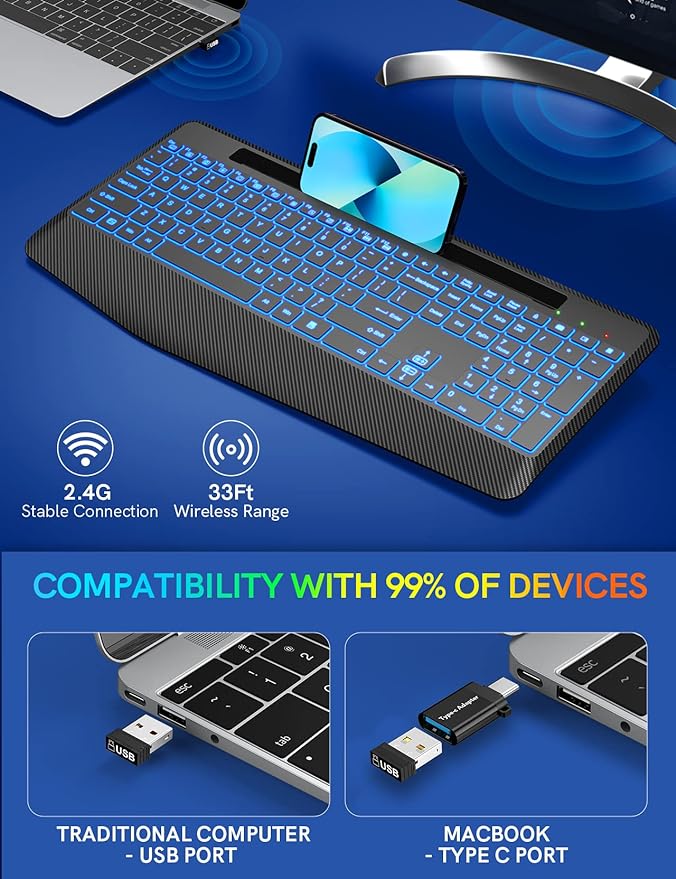 Wireless Keyboard with 7 Colored Backlits, Wrist Rest, Phone Holder, Rechargeable Ergonomic Computer Keyboard with Silent Keys, Full Size Lighted Keyboard for Windows, MacBook, PC, Laptop (Black)