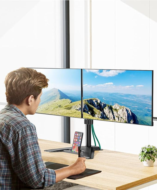 MOUNT PRO Dual Monitor Stand, Free-Standing Full Motion Monitor Desk Mount Fits 2 Screens up to 27 inches,17.6lbs with Height Adjustable, Swivel, Tilt, Rotation, VESA 75x75 100x100, Black